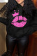 Black Street Lips Printed Patchwork Draw String Pocket Hooded Collar Tops