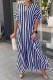 Blue Casual Striped Print Patchwork V Neck Long Dress Dresses
