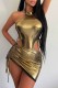 Gold Sexy Solid Bronzing Draw String Frenulum Halter Sleeveless Two Pieces