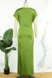 Rose Red Elegant Solid Patchwork O Neck Short Sleeve Dress