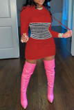 Red Casual Striped Patchwork Contrast Hooded Collar Long Sleeve Dresses