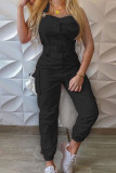 Red Casual Solid Patchwork Backless Square Collar Regular Jumpsuits