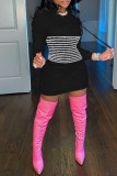Red Casual Striped Patchwork Contrast Hooded Collar Long Sleeve Dresses