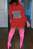 Red Casual Striped Patchwork Contrast Hooded Collar Long Sleeve Dresses