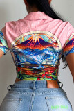 Pink Sexy Print Patchwork POLO collar T-Shirts