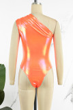 Blue Sexy Solid Patchwork Reflective Oblique Collar Skinny Bodysuits