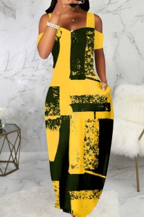 Yellow Casual Print Hollowed Out Square Collar Long Dress Dresses