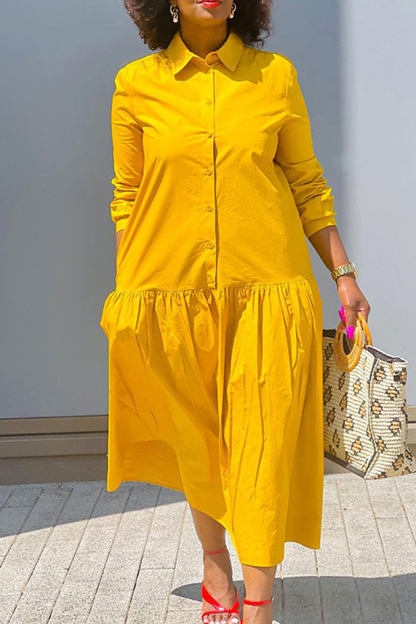 Yellow Sexy Sweet Solid Patchwork Buckle Shirt Collar Long Sleeve Dresses