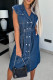 Dark Blue Casual Solid Patchwork With Belt Turndown Collar Sleeveless Regular Denim Dresses