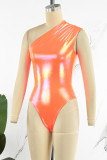 Blue Sexy Solid Patchwork Reflective Oblique Collar Skinny Bodysuits