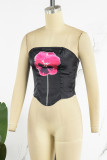 Black Street Floral Patchwork Backless Contrast Strapless Tops
