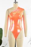 Blue Sexy Solid Patchwork Reflective Oblique Collar Skinny Bodysuits