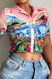 Pink Sexy Print Patchwork POLO collar T-Shirts