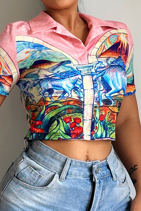 Pink Sexy Print Patchwork POLO collar T-Shirts