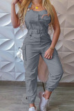 Red Casual Solid Patchwork Backless Square Collar Regular Jumpsuits