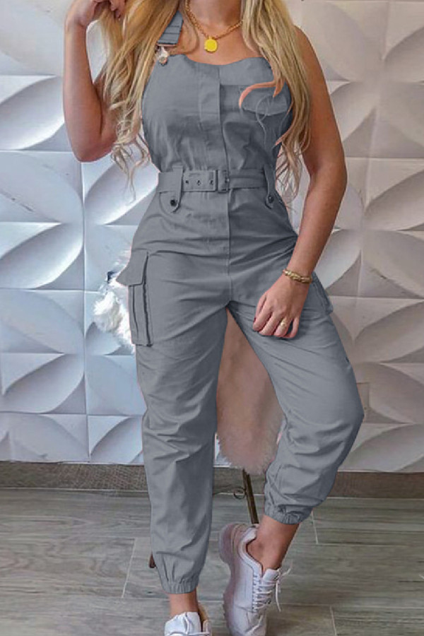 Grey Casual Solid Patchwork Backless Square Collar Regular Jumpsuits
