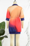 Navy Blue Casual Print Patchwork Zipper Collar Short Sleeve Dress