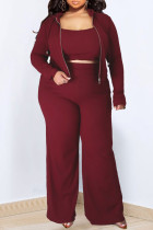 Burgundy Casual Solid Patchwork Hooded Collar Plus Size Three Piece Set