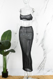 Black Sexy Hot Drilling See-through Backless Spaghetti Strap Sleeveless Two Pieces