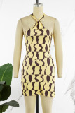 Yellow Sexy Casual Print Backless Halter Sleeveless Two Pieces