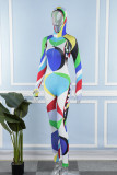 Colour Casual Print Patchwork Hooded Collar Skinny Jumpsuits