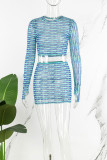 Blue Casual Print Patchwork O Neck Long Sleeve Two Pieces