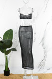 Black Sexy Hot Drilling See-through Backless Spaghetti Strap Sleeveless Two Pieces