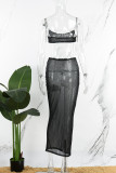 Black Sexy Hot Drilling See-through Backless Spaghetti Strap Sleeveless Two Pieces
