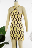 Yellow Sexy Casual Print Backless Halter Sleeveless Two Pieces
