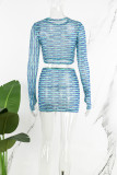 Blue Casual Print Patchwork O Neck Long Sleeve Two Pieces