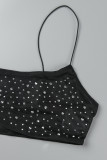 Black Sexy Hot Drilling See-through Backless Spaghetti Strap Sleeveless Two Pieces
