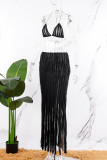 Green Sexy Solid Tassel Bandage Backless Halter Sleeveless Two Pieces