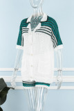 Green Casual Patchwork Hollowed Out Contrast Turndown Collar Short Sleeve Two Pieces