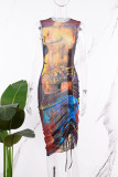 Yellow Casual Print Draw String Frenulum O Neck Sleeveless Dress Dresses