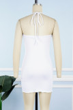 White Sexy Casual Print Backless Halter Sleeveless Dress Dresses