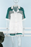 Green Casual Patchwork Hollowed Out Contrast Turndown Collar Short Sleeve Two Pieces