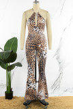 Leopard Print Sexy Casual Print Leopard Hollowed Out Backless Halter Jumpsuits (Without Gloves)