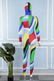 Colour Casual Print Patchwork Hooded Collar Skinny Jumpsuits