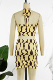 Yellow Sexy Casual Print Backless Halter Sleeveless Two Pieces