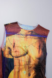 Yellow Casual Print Draw String Frenulum O Neck Sleeveless Dress Dresses