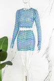 Blue Casual Print Patchwork O Neck Long Sleeve Two Pieces