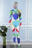 Colour Casual Print Patchwork Hooded Collar Skinny Jumpsuits