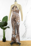 Leopard Print Sexy Casual Print Leopard Hollowed Out Backless Halter Jumpsuits (Without Gloves)