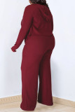 Burgundy Casual Solid Patchwork Hooded Collar Plus Size Three Piece Set