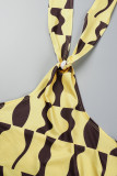 Yellow Sexy Casual Print Backless Halter Sleeveless Two Pieces