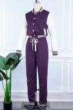 Purple Casual Patchwork Contrast Long Sleeve Two Pieces