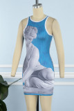 Blue Casual Print Patchwork O Neck Sleeveless Dress Dresses
