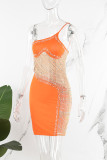 Orange Sexy Patchwork Hot Drilling See-through Backless Oblique Collar Sling Dress Dresses