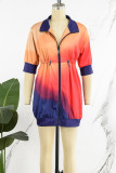 Navy Blue Casual Print Patchwork Zipper Collar Short Sleeve Dress