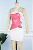 White Sexy Casual Print Backless Halter Sleeveless Dress Dresses